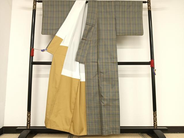 平和屋着物●黄八丈　市松綾織　紬　正絹　逸品　AAAU0108np