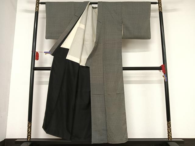 平和屋着物●上質なお召 格子 正絹 逸品 AAAU0123np