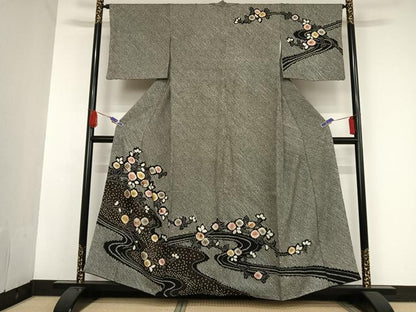 平和屋着物●訪問着 総絞り 刺繍 流水草花文 黒地 金彩 金銀糸 正絹 逸品 AAAU0134np