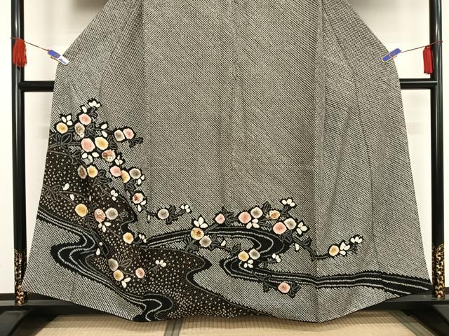 平和屋着物●訪問着 総絞り 刺繍 流水草花文 黒地 金彩 金銀糸 正絹 逸品 AAAU0134np