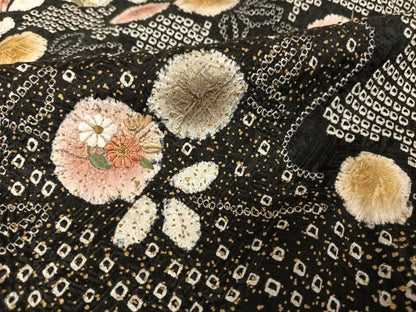 平和屋着物●訪問着 総絞り 刺繍 流水草花文 黒地 金彩 金銀糸 正絹 逸品 AAAU0134np