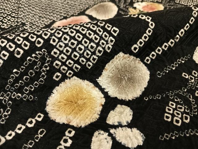 平和屋着物●訪問着 総絞り 刺繍 流水草花文 黒地 金彩 金銀糸 正絹 逸品 AAAU0134np
