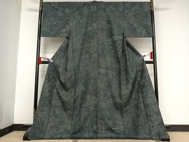 平和屋着物●結城紬　100亀甲　飛び亀甲柄　流水草花文　さが美扱い　ロング丈　正絹　逸品　AAAU0155np 平和屋着物○結城紬 100亀甲 飛び亀甲柄 流水草花文 さが美扱い ロング