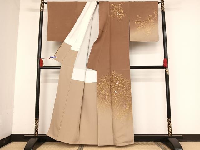 平和屋着物●人間国宝 福田喜三郎 訪問着 刺繍 葡萄蔦の葉 金彩 正絹 逸品 AAAU0206np