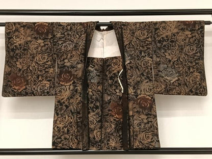 平和屋着物●羽織　薔薇　黒地　金通し地　正絹　逸品　AAAU0213np