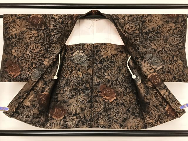 平和屋着物●羽織　薔薇　黒地　金通し地　正絹　逸品　AAAU0213np