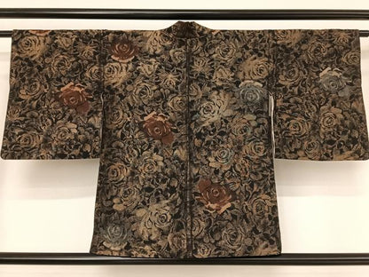 平和屋着物●羽織　薔薇　黒地　金通し地　正絹　逸品　AAAU0213np