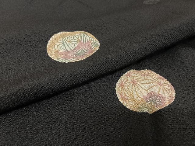 平和屋着物●極上　道中着　型染め　花鞠文　黒地　銀彩　正絹　逸品　AAAU0223np