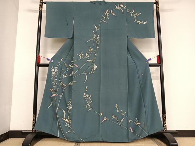平和屋着物●加賀友禅の巨匠 初代 由水十久 訪問着 草花文 暈し染め 鉄納戸色地 正絹 逸品 AAAU0232np