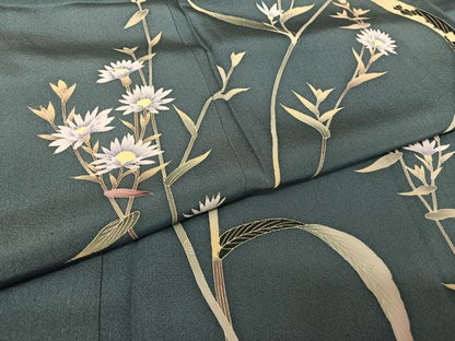 平和屋着物●加賀友禅の巨匠 初代 由水十久 訪問着 草花文 暈し染め 鉄納戸色地 正絹 逸品 AAAU0232np