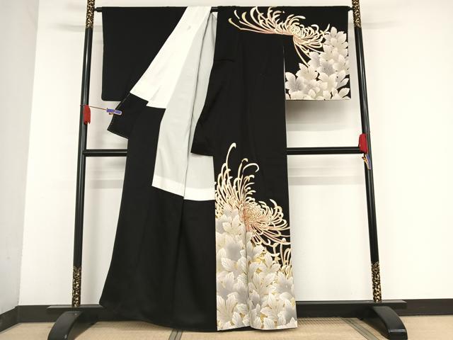 平和屋着物●訪問着　駒刺繍　糸菊　黒地　金糸　金彩　正絹　逸品　AAAU0245np