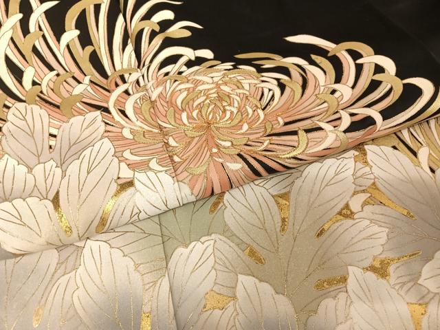 平和屋着物●訪問着　駒刺繍　糸菊　黒地　金糸　金彩　正絹　逸品　AAAU0245np
