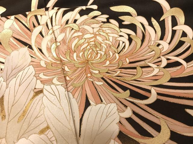 平和屋着物●訪問着　駒刺繍　糸菊　黒地　金糸　金彩　正絹　逸品　AAAU0245np