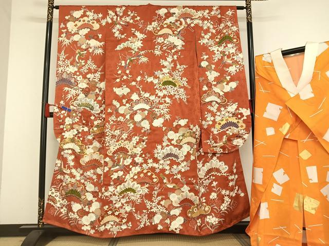 平和屋着物●創業460年・千總 振袖・長襦袢セット（無双仕立て）駒刺繍 飛鶴松花文 金糸 金彩 正絹 逸品 AAAU0261np