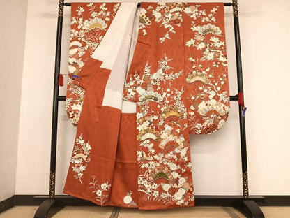 平和屋着物●創業460年・千總 振袖・長襦袢セット（無双仕立て）駒刺繍 飛鶴松花文 金糸 金彩 正絹 逸品 AAAU0261np