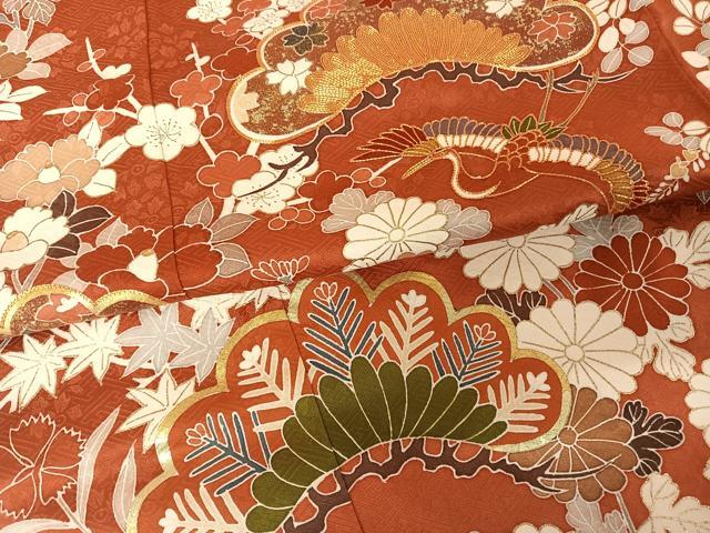 平和屋着物●創業460年・千總 振袖・長襦袢セット（無双仕立て）駒刺繍 飛鶴松花文 金糸 金彩 正絹 逸品 AAAU0261np
