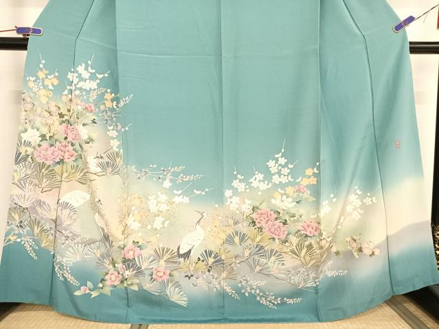 平和屋着物●訪問着　友禅　作家物　刺繍　梅松　鶴　暈し染め　金彩　正絹　逸品　AAAU0366np