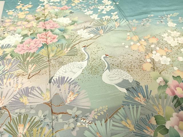 平和屋着物●訪問着　友禅　作家物　刺繍　梅松　鶴　暈し染め　金彩　正絹　逸品　AAAU0366np