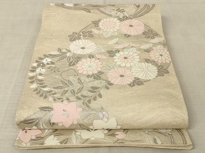 平和屋着物＊夏物 六通柄袋帯 草花文 銀糸 正絹 逸品 AAAU0517pf