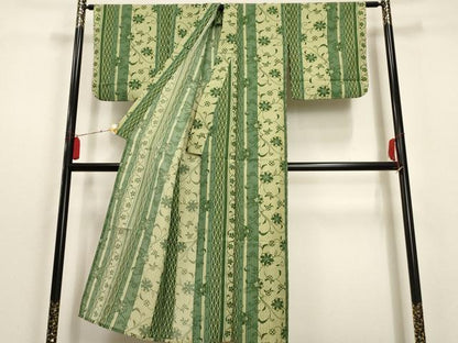平和屋着物▽小紋 単衣 花唐草間道 洗える着物 AAAU0883iu