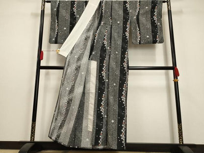 平和屋着物▽小紋　単衣　舞桜間道　黒地　洗える着物　AAAU0916iu