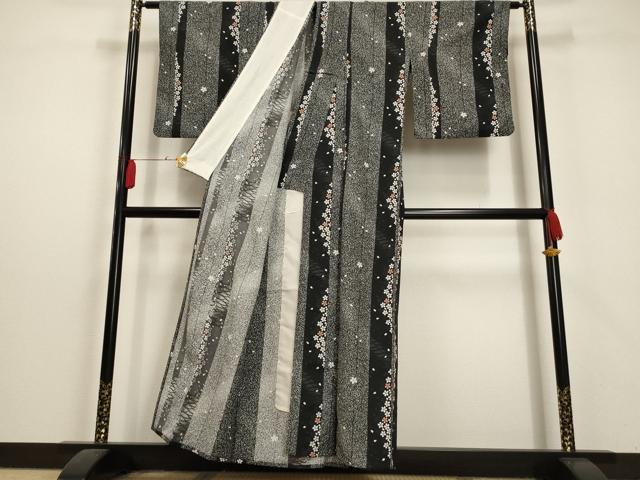 平和屋着物▽小紋　単衣　舞桜間道　黒地　洗える着物　AAAU0916iu