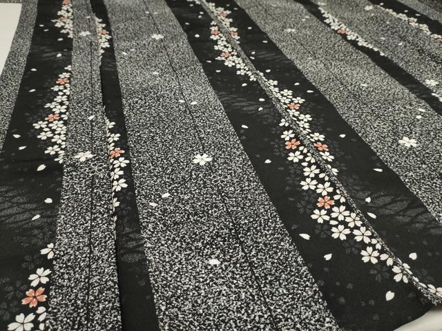 平和屋着物▽小紋　単衣　舞桜間道　黒地　洗える着物　AAAU0916iu