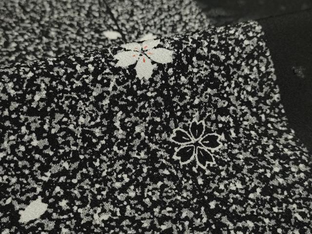 平和屋着物▽小紋　単衣　舞桜間道　黒地　洗える着物　AAAU0916iu