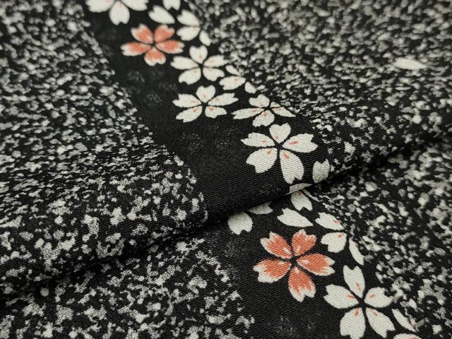 平和屋着物▽小紋　単衣　舞桜間道　黒地　洗える着物　AAAU0916iu