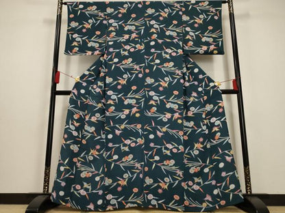平和屋着物▽上質な小紋 単衣 型染め 花鳥文 鬼しぼ縮緬 正絹 逸品 AAAU0946iu