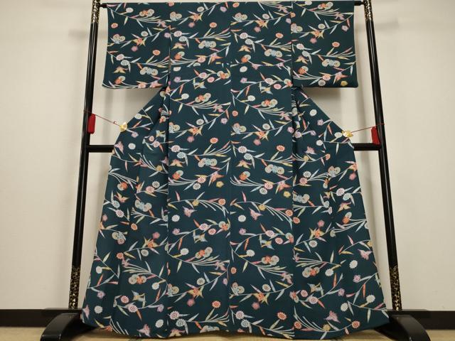 平和屋着物▽上質な小紋 単衣 型染め 花鳥文 鬼しぼ縮緬 正絹 逸品 AAAU0946iu