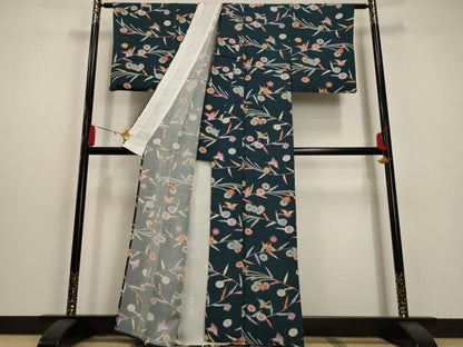 平和屋着物▽上質な小紋 単衣 型染め 花鳥文 鬼しぼ縮緬 正絹 逸品 AAAU0946iu