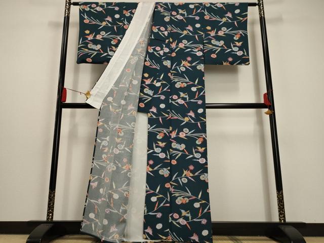 平和屋着物▽上質な小紋 単衣 型染め 花鳥文 鬼しぼ縮緬 正絹 逸品 AAAU0946iu