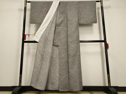 平和屋着物▽小紋 単衣 鹿の子文様 黒地 洗える着物 未使用 AAAU1128iu