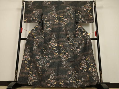 平和屋着物▽小紋 単衣 霞草花文 黒地 洗える着物 AAAU1156iu