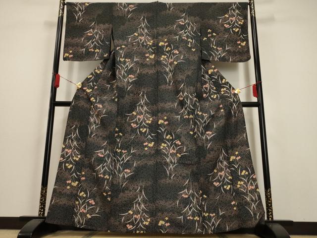 平和屋着物▽小紋 単衣 霞草花文 黒地 洗える着物 AAAU1156iu