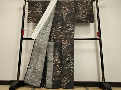 平和屋着物▽小紋 単衣 霞草花文 黒地 洗える着物 AAAU1156iu