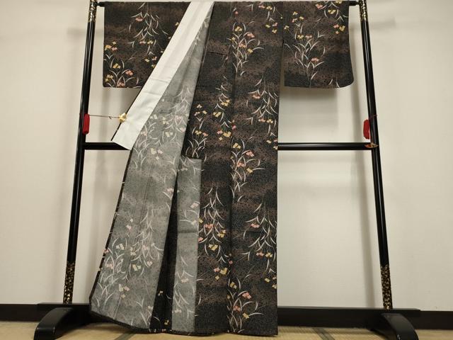 平和屋着物▽小紋 単衣 霞草花文 黒地 洗える着物 AAAU1156iu