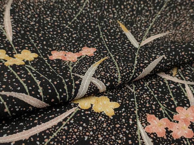 平和屋着物▽小紋 単衣 霞草花文 黒地 洗える着物 AAAU1156iu