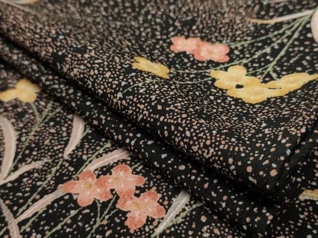 平和屋着物▽小紋 単衣 霞草花文 黒地 洗える着物 AAAU1156iu