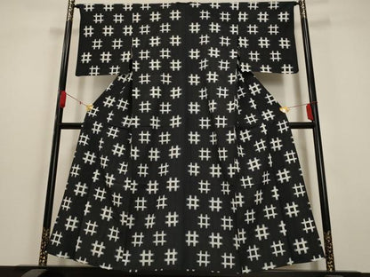 平和屋着物▽小紋　単衣　格子絣文様　洗える着物　AAAU1157iu