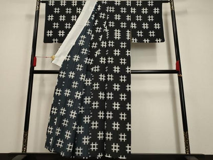 平和屋着物▽小紋　単衣　格子絣文様　洗える着物　AAAU1157iu
