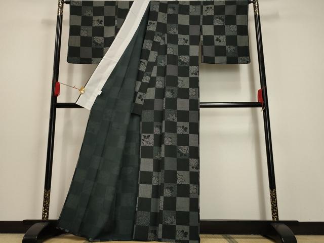 平和屋着物▽小紋 単衣 市松草花文 黒地 洗える着物 AAAU1160iu