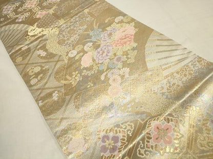 平和屋着物▼六通柄袋帯　吉祥扇面草花文　金糸　正絹　逸品　AAAU1452wj