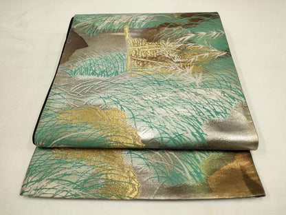 平和屋着物▼六通柄袋帯 柴垣風景文 黒地 金銀糸 引箔 正絹 逸品 AAAU1763wj