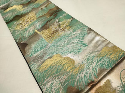 平和屋着物▼六通柄袋帯 柴垣風景文 黒地 金銀糸 引箔 正絹 逸品 AAAU1763wj