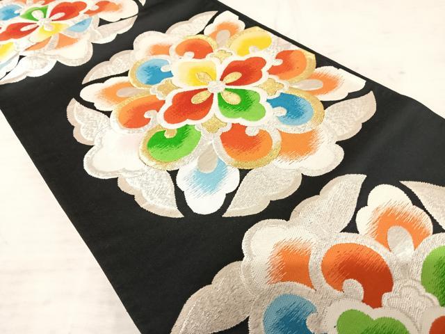 平和屋着物◎六通柄袋帯 唐織 正倉院花文 黒地 金銀糸 正絹 逸品 AAAU2912yx