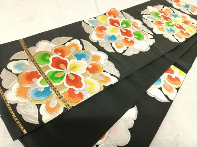 平和屋着物◎六通柄袋帯 唐織 正倉院花文 黒地 金銀糸 正絹 逸品 AAAU2912yx