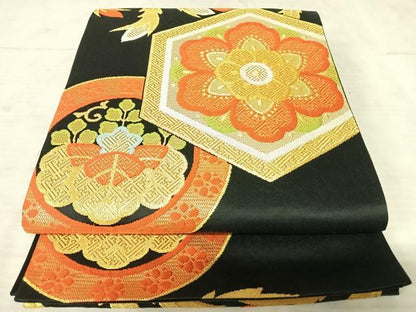 平和屋着物◎六通柄袋帯 唐織 鳳凰花文 黒地 金糸 正絹 逸品 AAAU3035yx