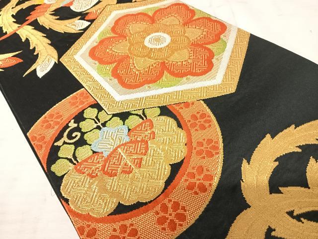 平和屋着物◎六通柄袋帯 唐織 鳳凰花文 黒地 金糸 正絹 逸品 AAAU3035yx